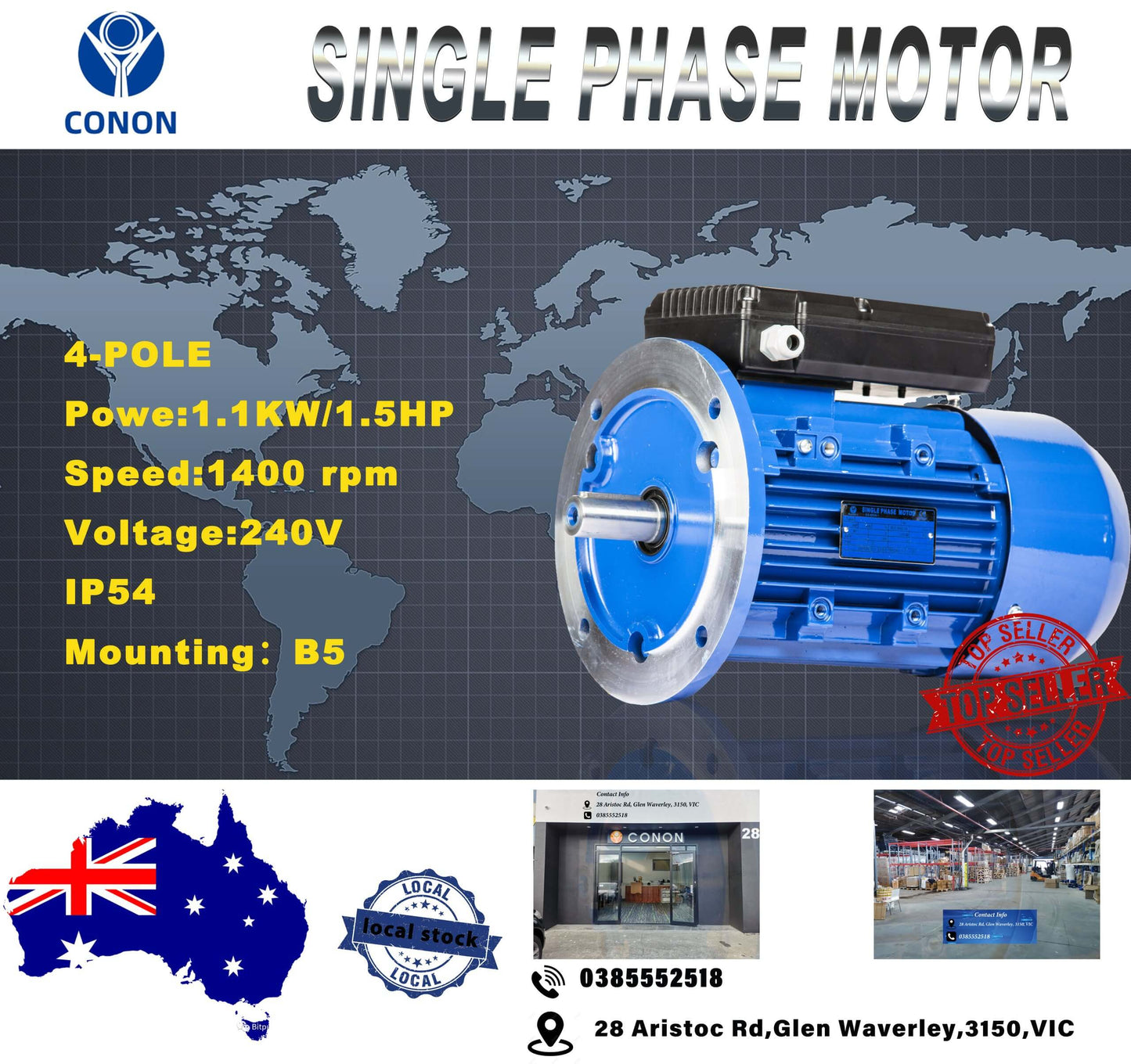 B5 FLANGE 1.1kw/1.5HP1400rpm motor Single-phase 240v REVERSIBLE CSCR shaft 24mm