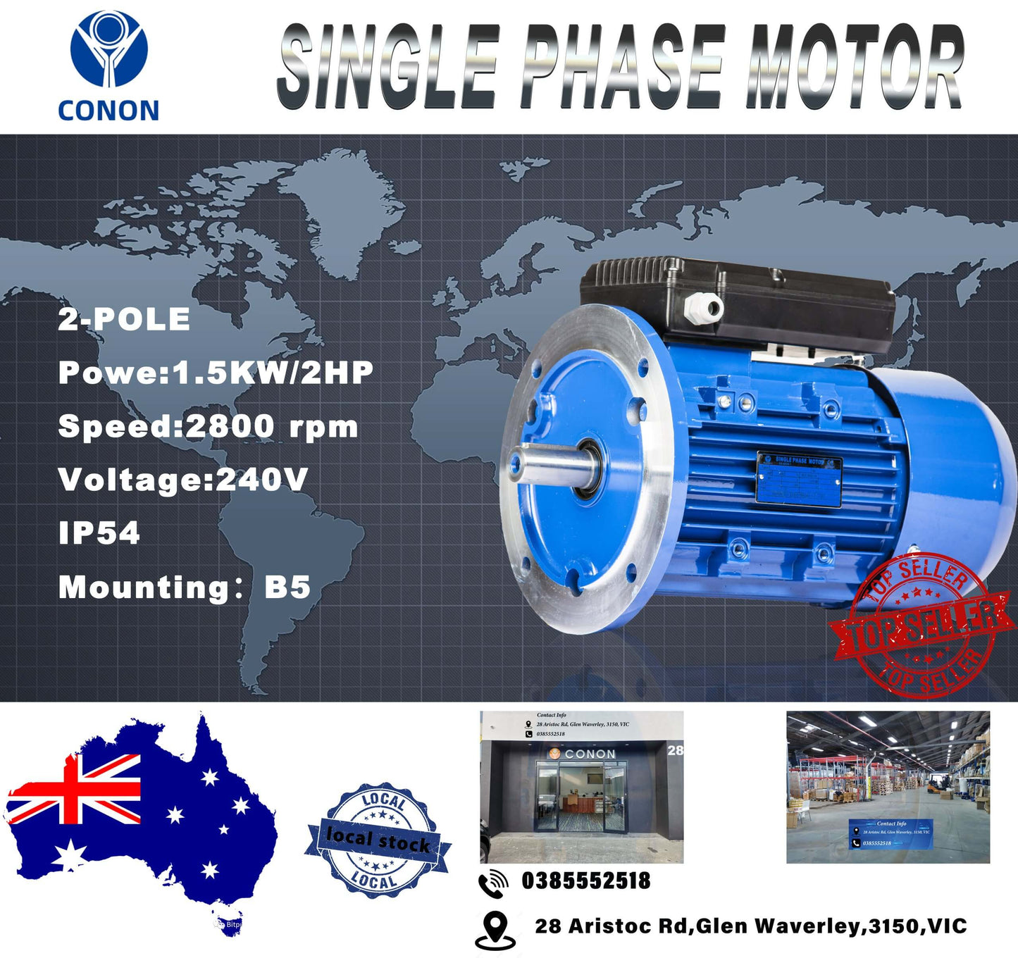 B5 FLANGE 1.5kw/2HP 2800rpm motor Single-phase 240v REVERSIBLE CSCR shaft 24mm