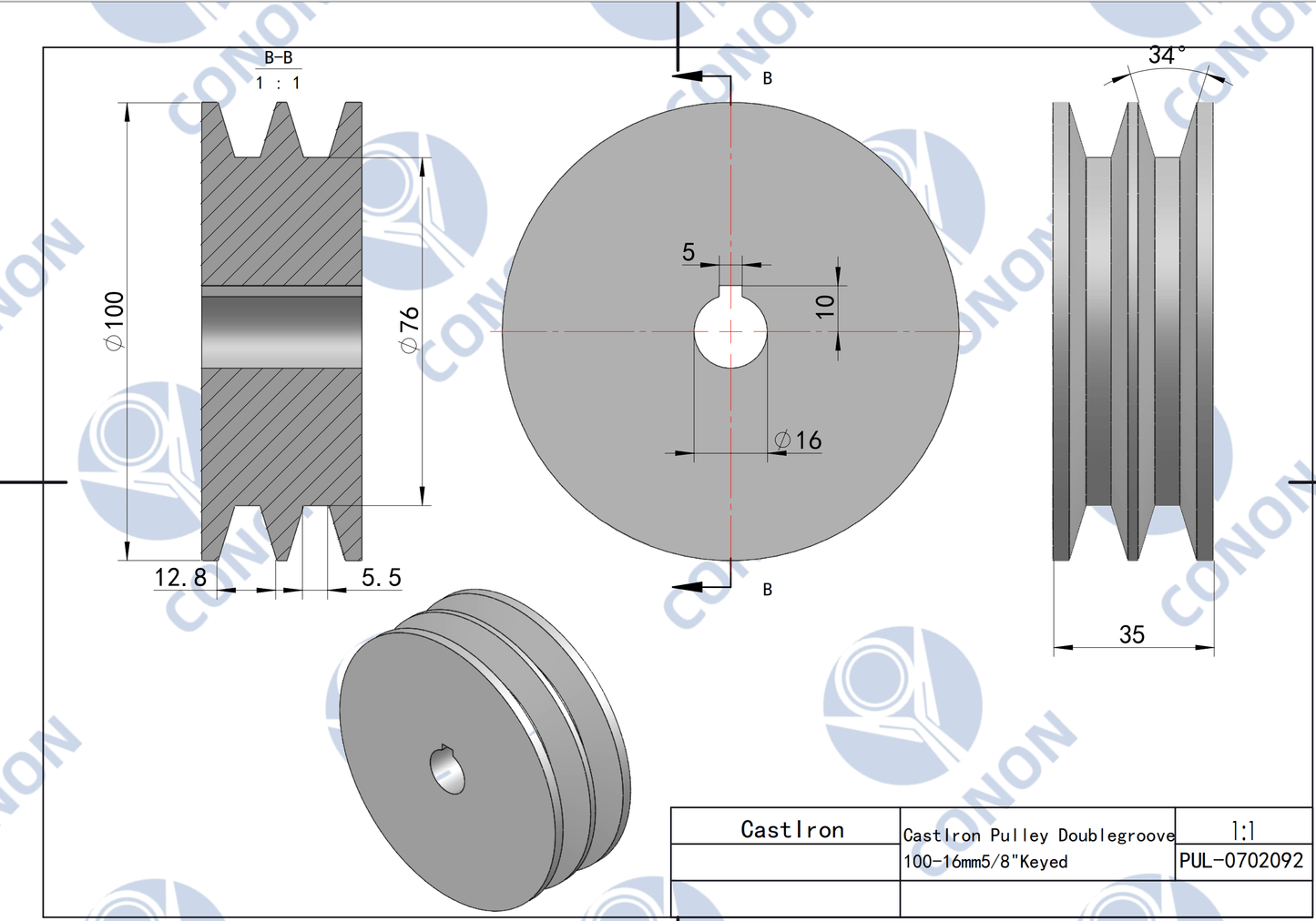 Double groove Pulley 100mm shaft size 5/8" 16mm bore Cast Iron screw V Section A