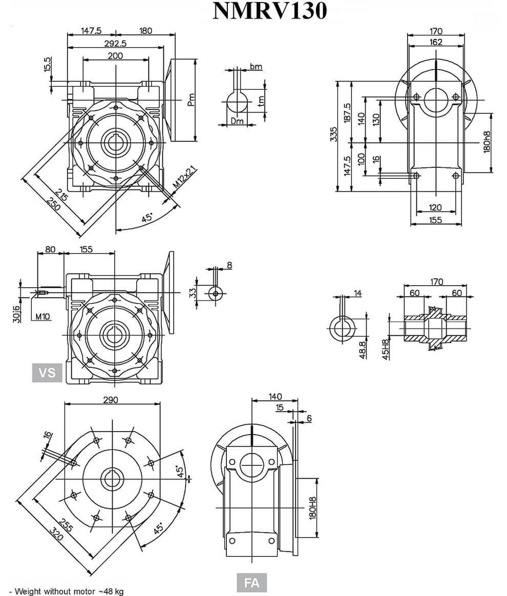 Worm Drive Gearbox NMRV130 80:1 ratio B5 Flange 28mm input shaft Speed reducer