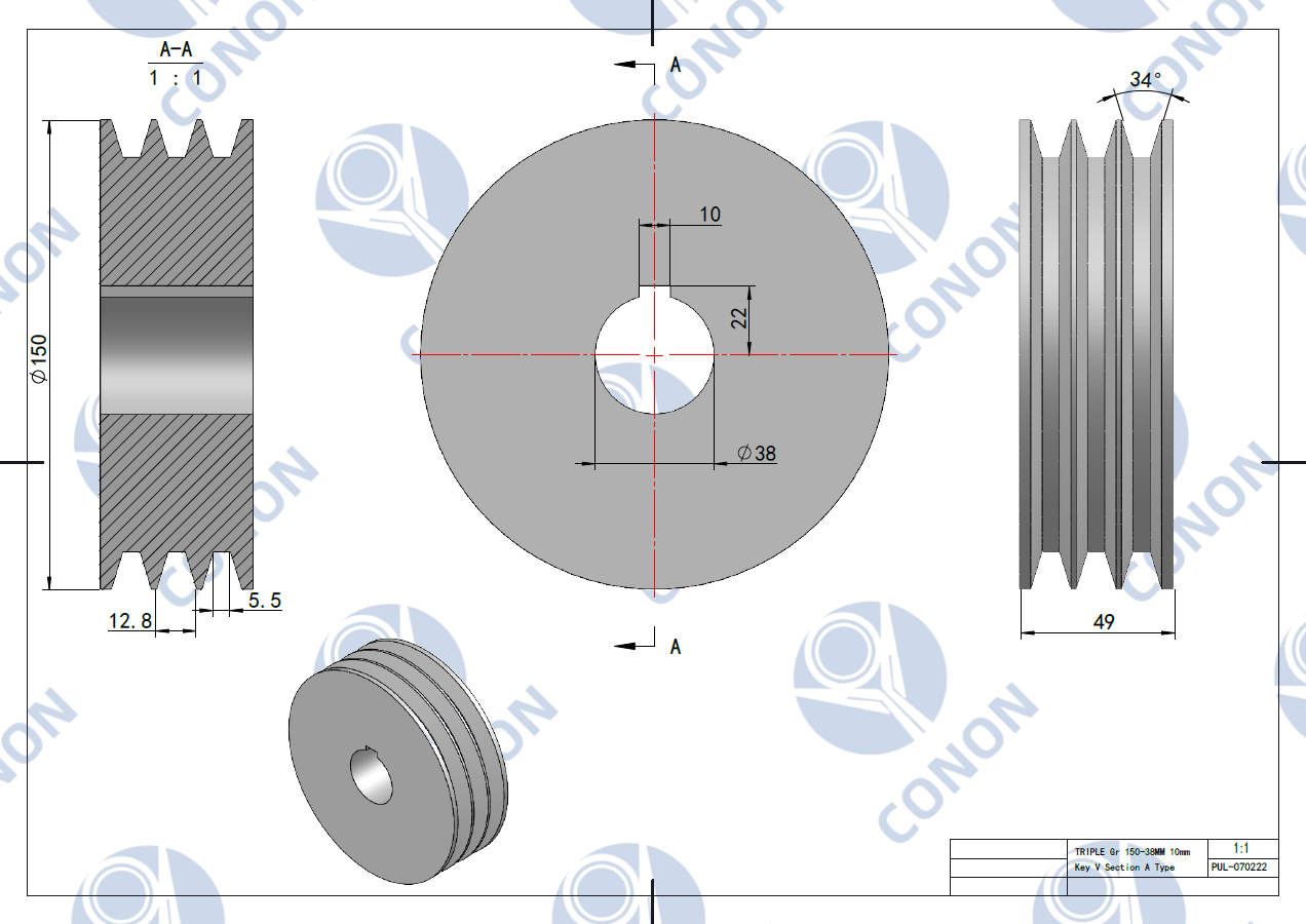 Cast Iron Triple Groove Pulley 150mm shaft size 38mm