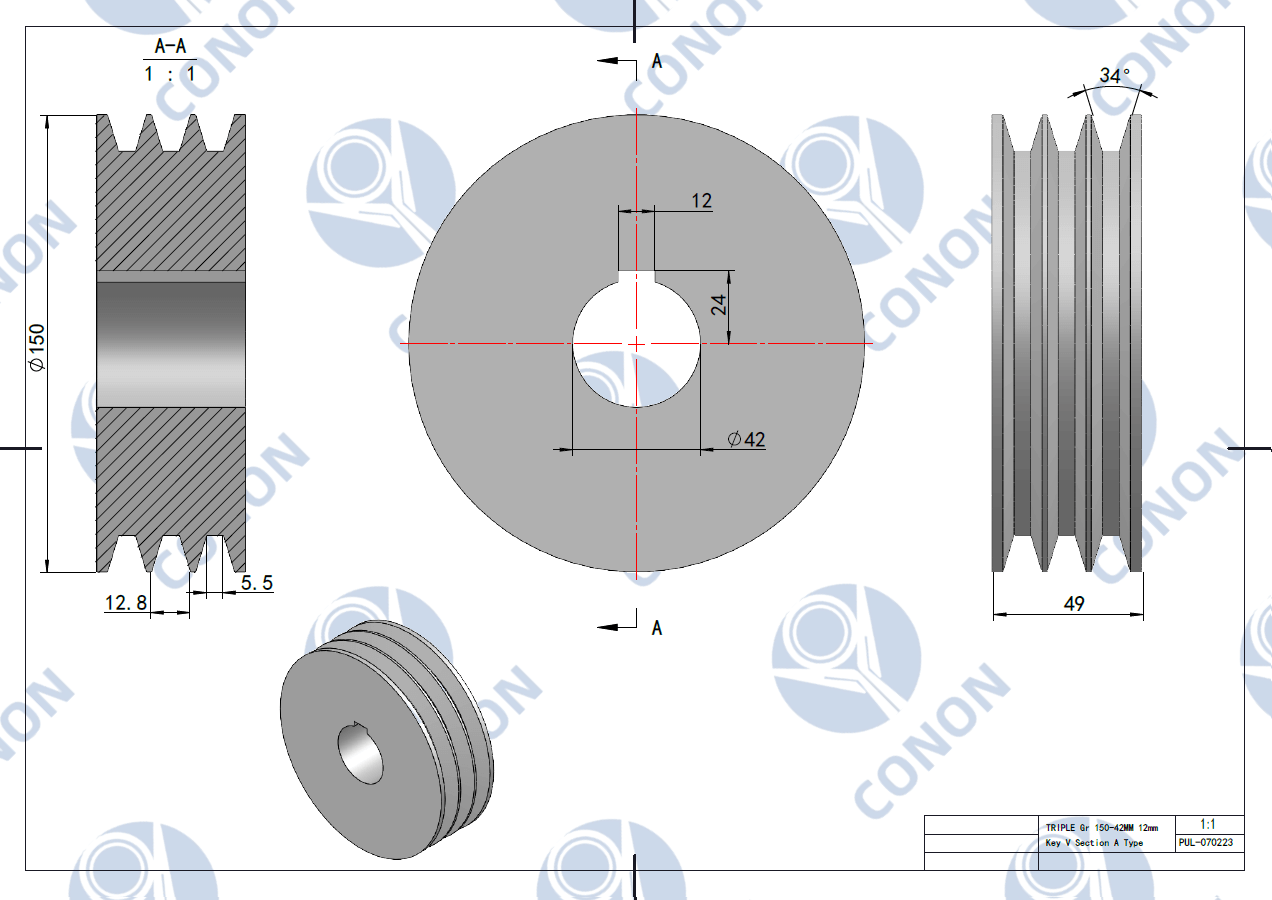 Cast Iron Triple Groove Pulley 150mm shaft size 42mm