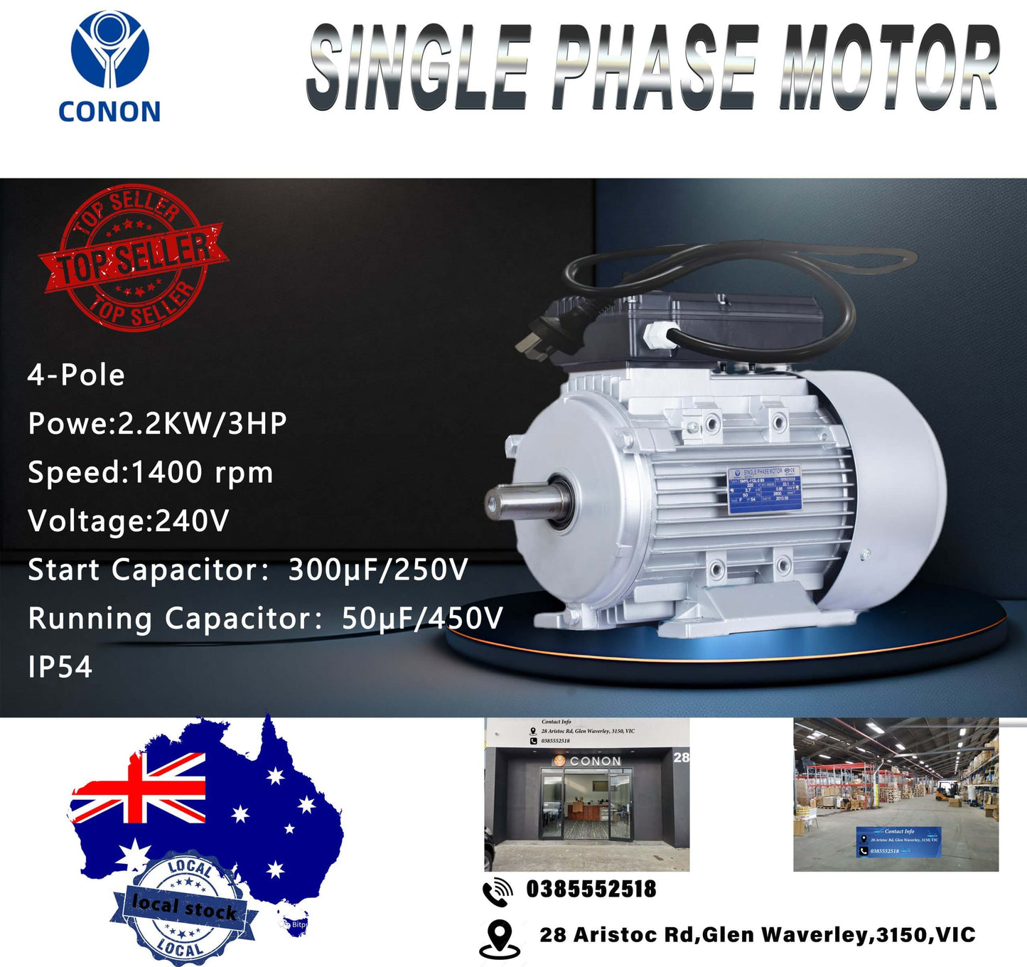 AU 3HP 240V Reversible Motor 1400RPM Plugged with AU Plug Dual Cap Long Life