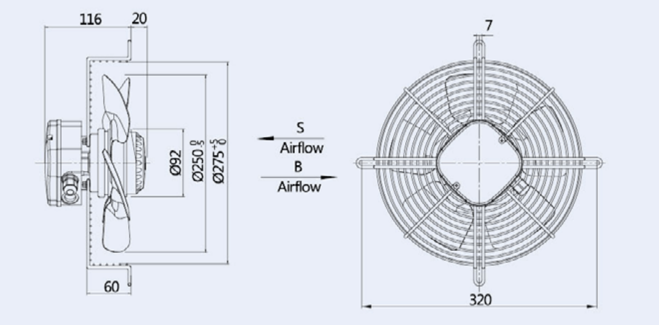 Axial Fan YWF4E 250mm 1 Phase 240V 1400rpm suction 4 pole Evaporate Refrigerated