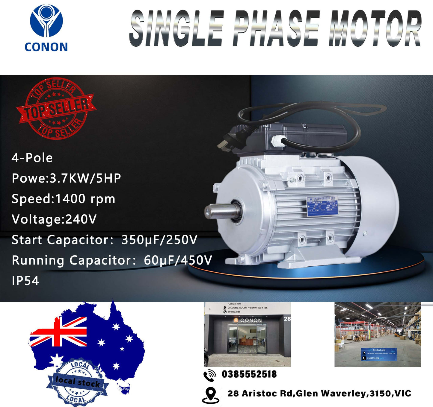 3.7kw /5HP 1400rpm 4POLE REVERSIBLE single-phase motor with cable 24 Hoist fan