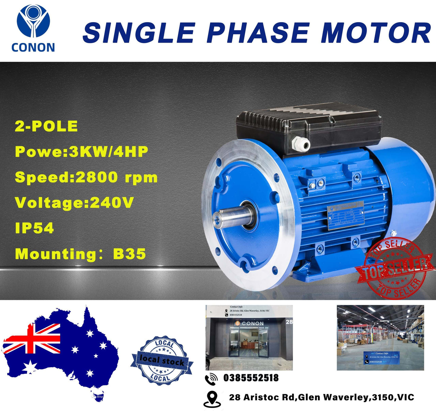 B35 FLANGE 3kw/4HP 2800rpm motor Single-phase 240v REVERSIBLE CSCR shaft 28mm