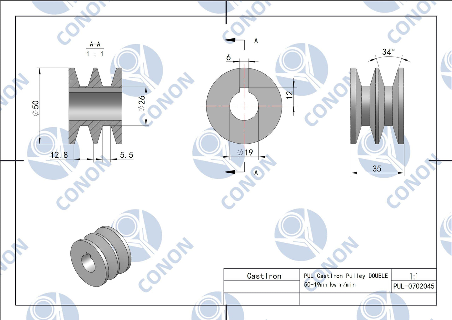 Double groove Pulley 50mm shaft size 19mm for electric motor Cast Iron Made