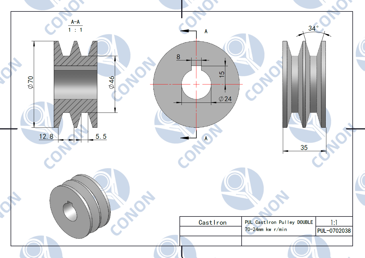Double groove Pulley 100mm shaft size 24mm for electric motor Cast Iron Made