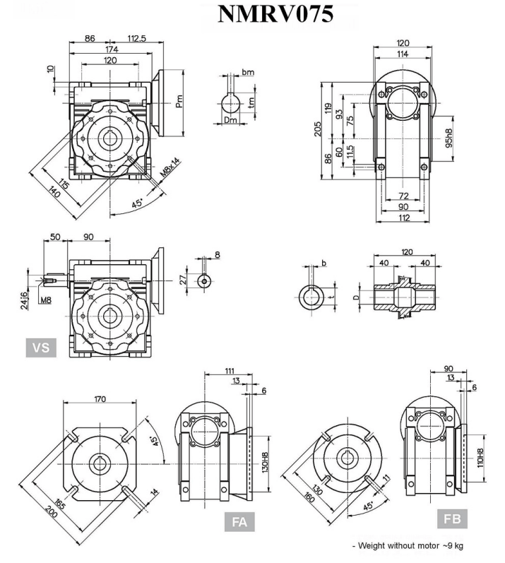 Worm Drive Gearbox NMRV075 7.5:1 ratio B5 Flange 19mm input shaft
