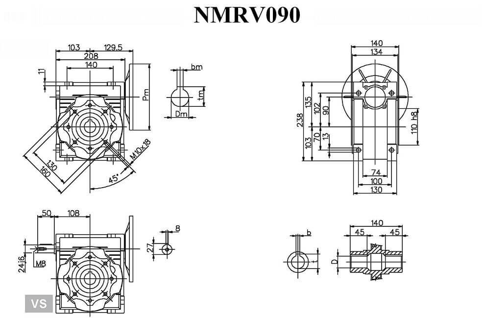 Worm Drive Gearbox NMRV090 7.5:1 ratio B5 Flange 24mm input shaft Speed reducer