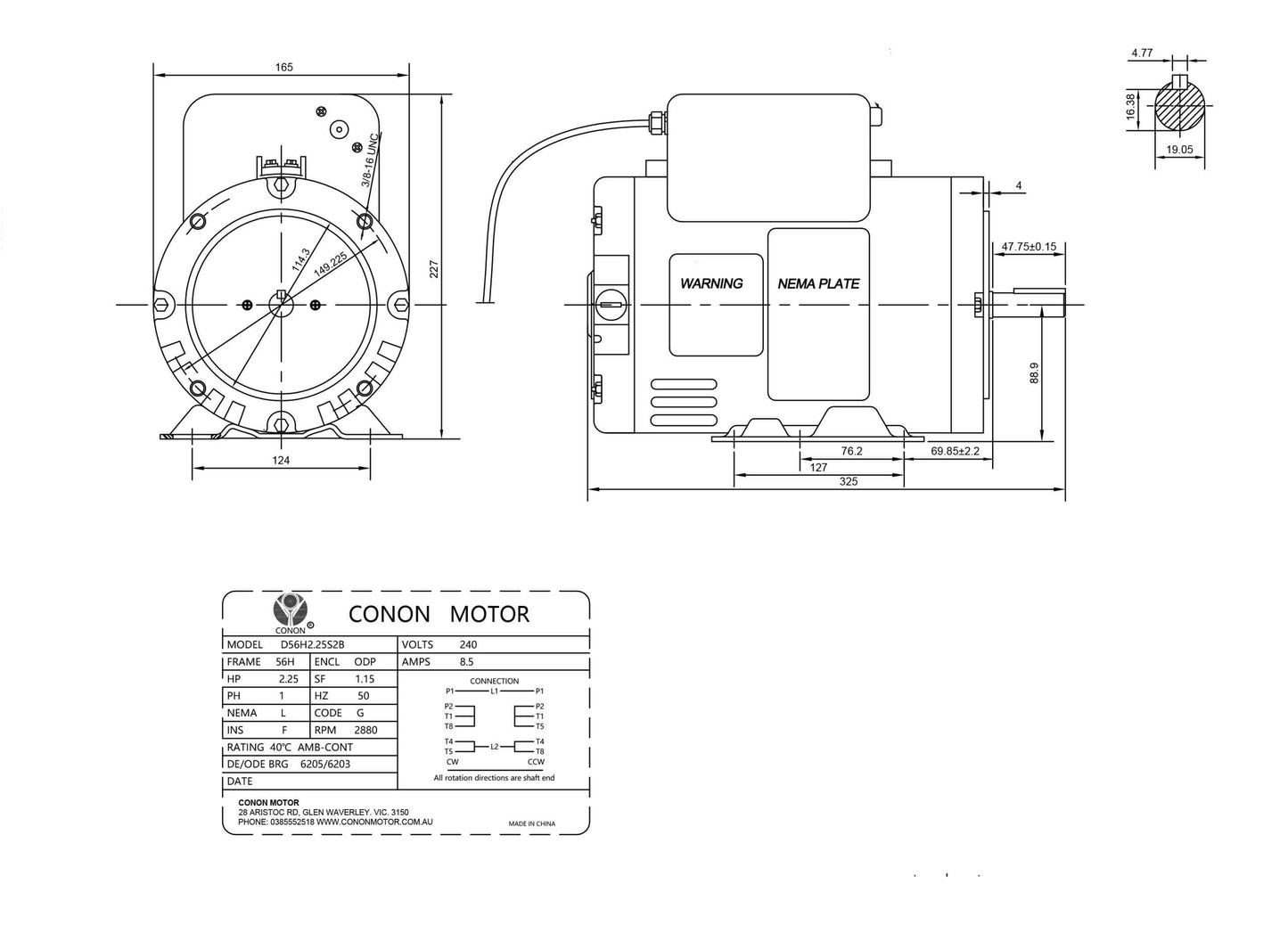 Single Phase NEMA Electric Motor 240V 1.65KW 2.25HP 2850rpm B56 1Ph CSCR 3/4"
