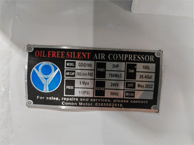 OIL FREE 2.2KW/3HP 100L 11CFM COMPRESSOR 8BAR/115PSI