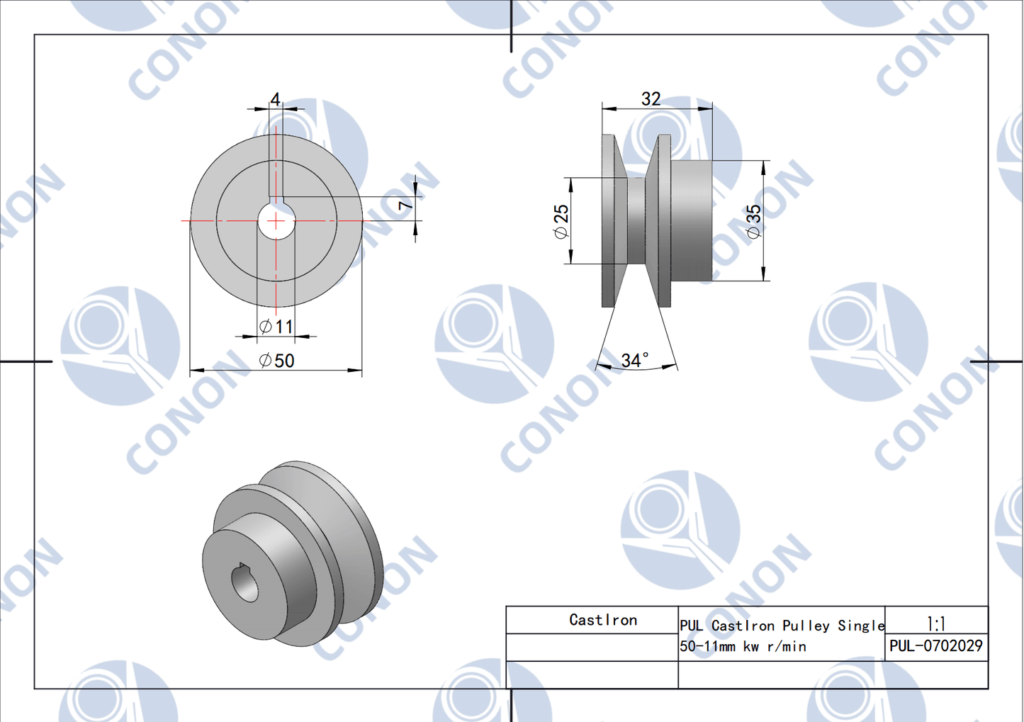 Single groove Pulley 50mm shaft size 11mm for electric motor Cast Iron Made