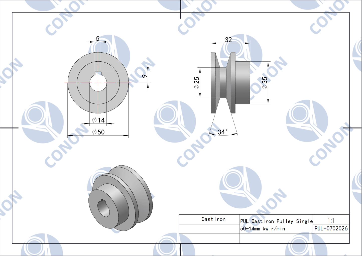 Single groove Pulley 50mm shaft size 14mm for electric motor Cast Iron Made
