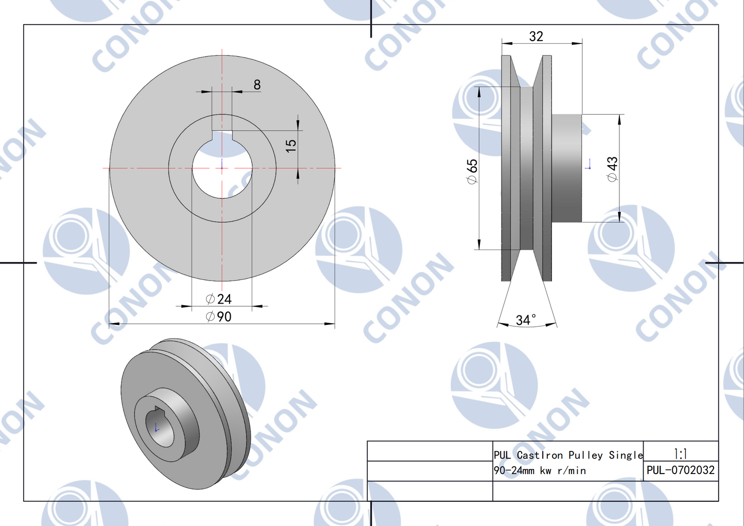 Single groove Pulley 90mm shaft size 24mm for electric motor Cast Iron Made