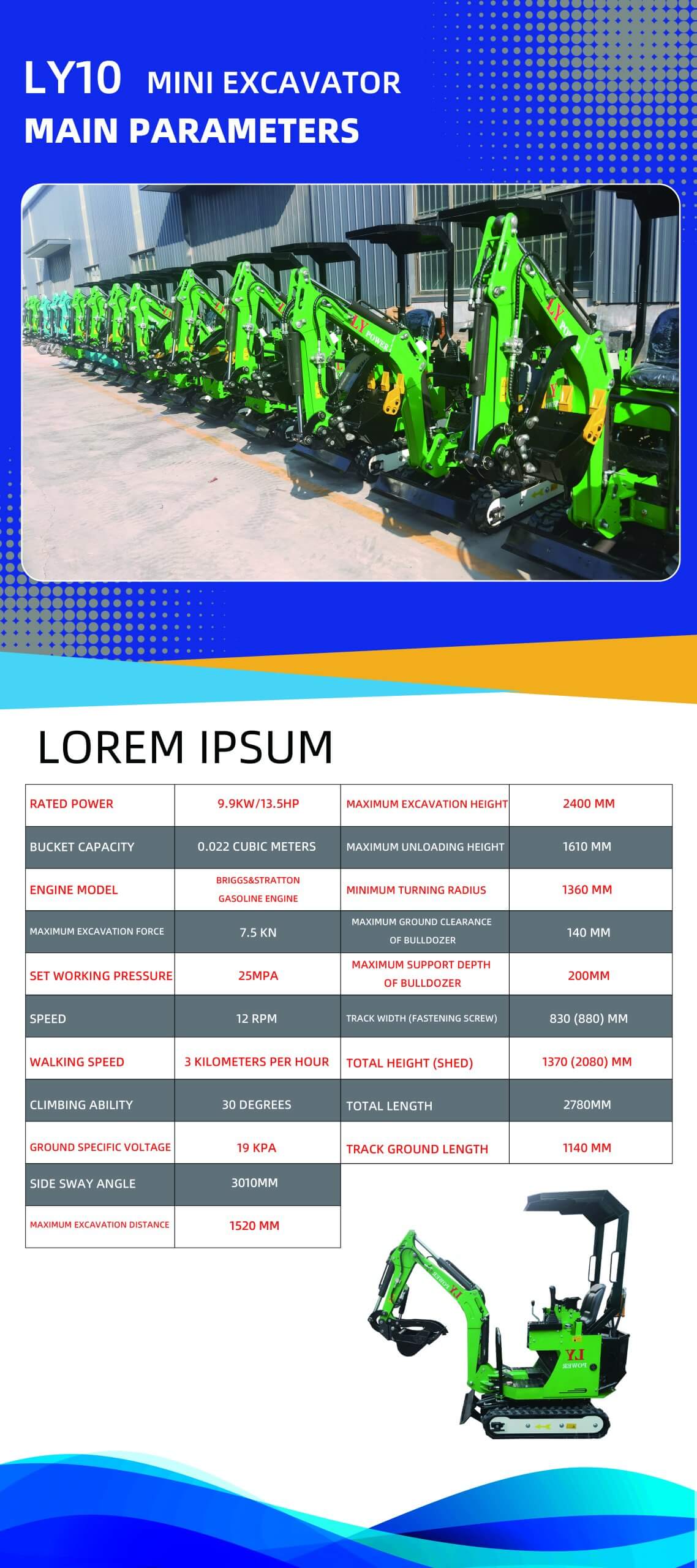 New MINI Excavator 1.0T Breton Gasoline Engine 13.5HP Green & Blue