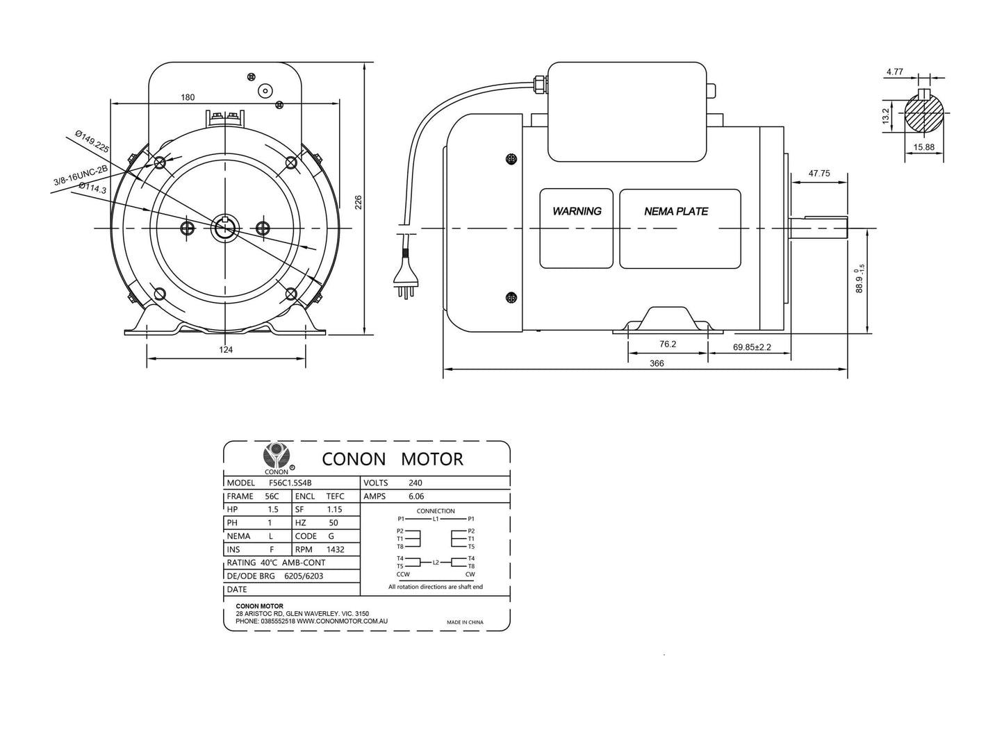 Single Phase NEMA Electric Motor 240V 1.1kW1.5HP 1400rpm FRAME 56 1Ph CSCR 5/8"