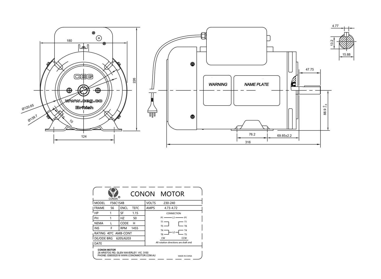 Single Phase NEMA Electric Motor 240V 0.75kW 1HP 1400rpm FRAME 56 1Ph CSCR 5/8"