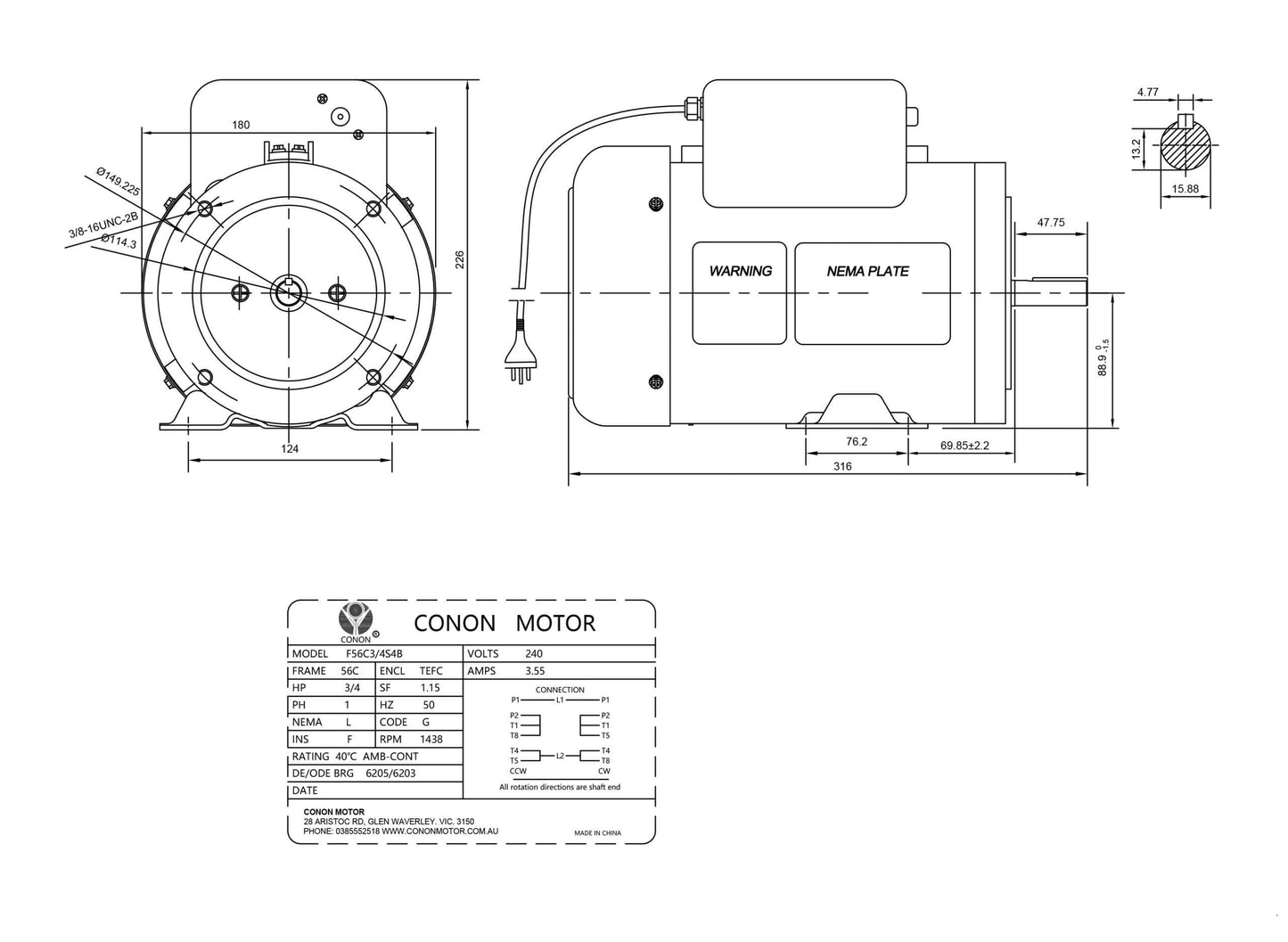 Single Phase NEMA Electric Motor 240V 0.55kW 1400rpm FRAME 56 1Ph CSCR 5/8"