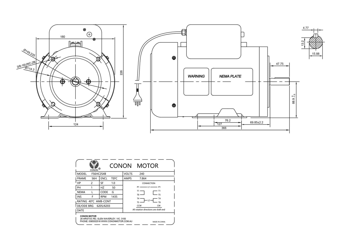 Single Phase NEMA Electric Motor 240V 1.5kW 2HP 1400rpm FRAME 56 1Ph CSCR 5/8"