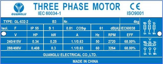 2 poles 0.18kw 0.25HP 2800rpm shaft 11mm Electric motor Three-phase 415v