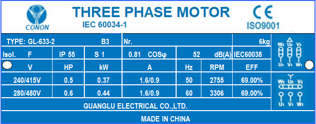 0.37kw/0.5hp 2 pole 2800RPM Electric motor frame 63 compressor