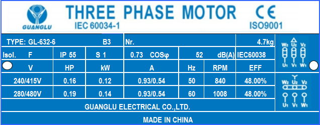 0.12kw/0.25hp 6 pole 960 rpm Electric motor 63 frame compressor
