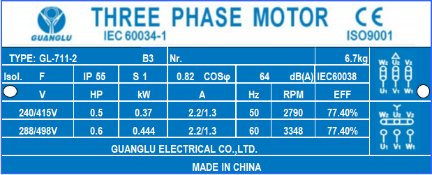 2 poles 0.37kw 0.5HP 2800rpm shaft 14mm Electric motor Three-phase 415v