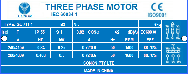 4 poles 0.25kw 0.34HP 1400rpm shaft 14mm Electric motor Three-phase 415v