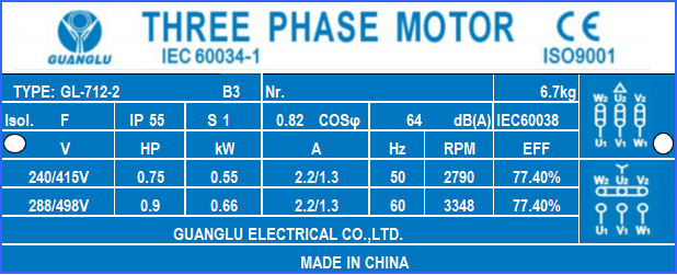 2 poles 0.55kw 0.75HP 2800rpm shaft 14mm Electric motor Three-phase 415v
