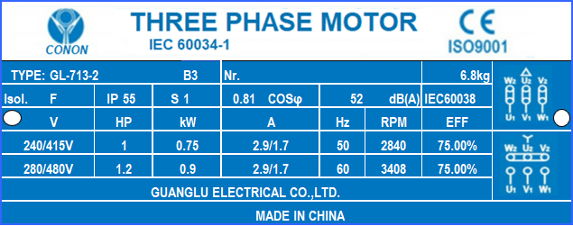 0.75kw/1hp 2 pole 2800RPM Electric motor 71 frame compressor