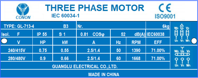 0.55kw/0.75hp 4 pole 1400RPM Electirc motor frame 71 compressor