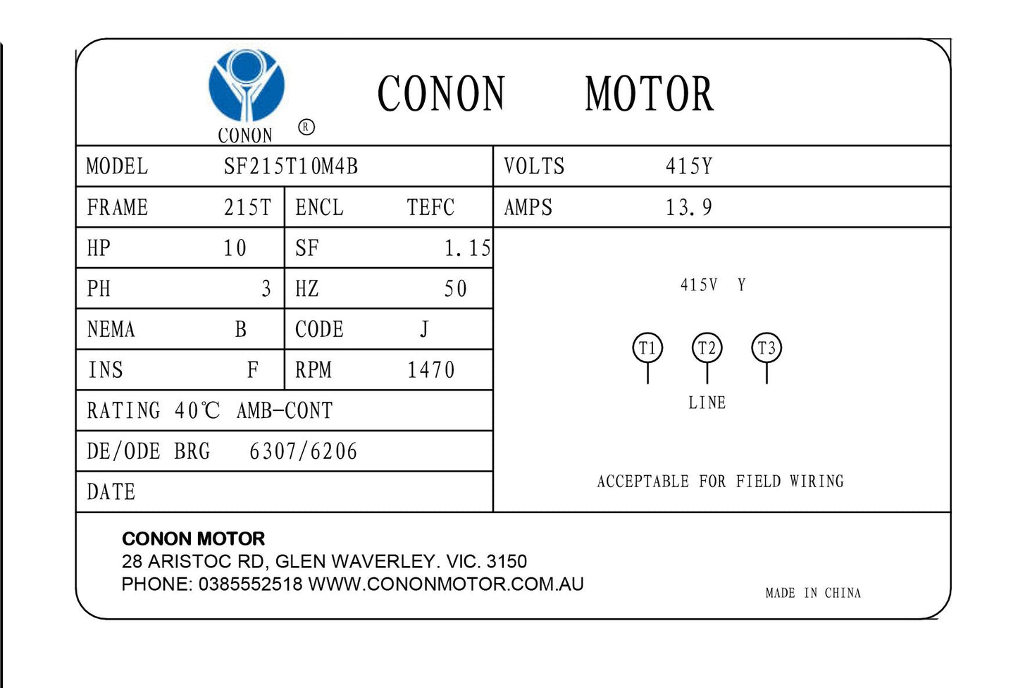 Three Phase NEMA Electric Motor 415V 7.5kw 10HP 1400rpm Frame 215T TEFC IP44