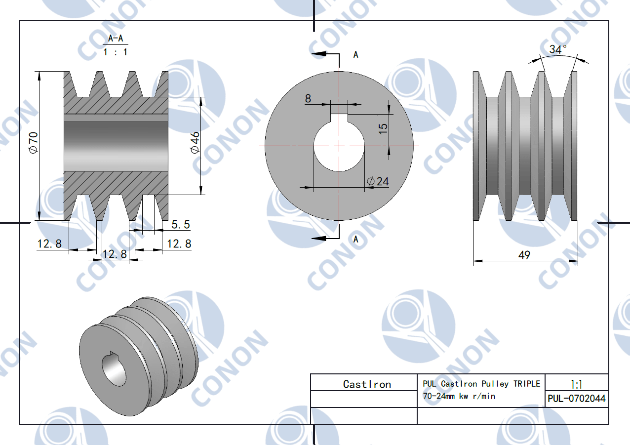 Cast Iron Triple Groove Pulley 70mm shaft size 24mm