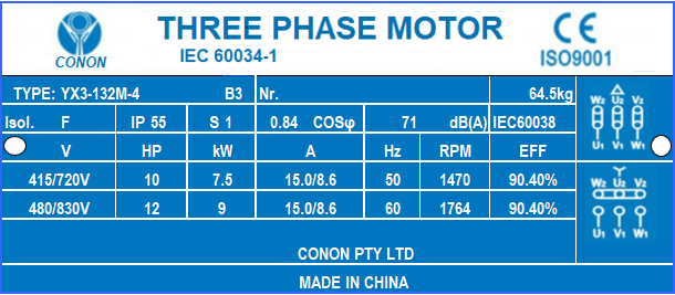 7.5kw 10HP 1400rpm shaft 38mm Electric motor Three phase 415v