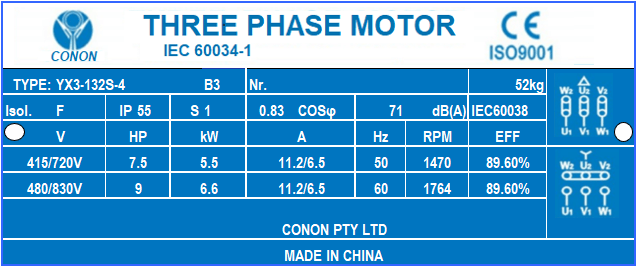 5.5kw 7.5HP 1400rpm shaft 38mm Electric motor Three phase 415v