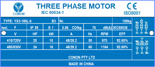 6 poles 15kw 20HP 905rpm shaft 28mm Electric motor Three-phase 240v/415v