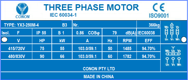 4 poles 55kw 75HP1400rpm shaft 65mm Induction Electric motor 3 phase 415v compressor fan