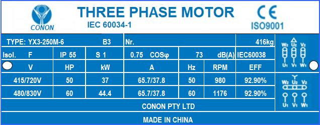 6 poles 37kw 50HP 980rpm shaft 65mm Electric motor Three-phase 415v