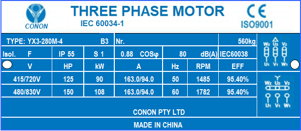 4 poles 90kw 120HP1400rpm shaft 75mm Induction Electric motor 3 phase 415v compressor fan