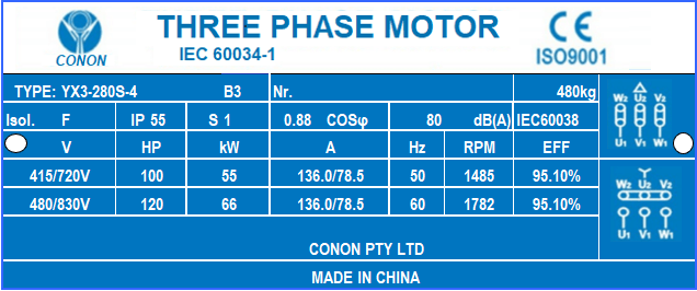 4 poles 75kw 100HP1400rpm shaft 75mm Induction Electric motor 3 phase 415v compressor fan