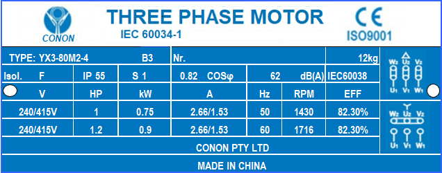 0.75kw 1HP 1400rpm shaft 19mm Electric motor Three phase 415v