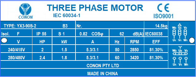 YX3 1.5kw 2HP 2800rpm shaft 24mm Electric motor Three-phase 415V/240V air compressor