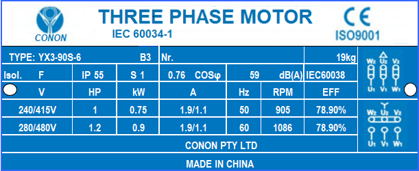 6 poles 0.75kw 0HP 905rpm shaft 24mm Electric motor Three-phase 240v/415v