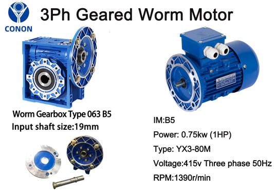 Three Phase 0.75kW 1HP 1400rpm Electric Motor & Worm Gearbox Type 063