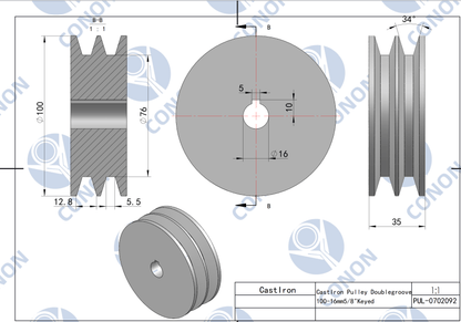 Double groove Pulley 100mm shaft size 5/8" 16mm bore Cast Iron screw V Section A