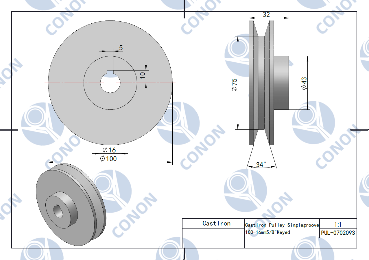 Single groove Pulley 100mm shaft size 5/8" 16mm bore Cast Iron screw V Section A
