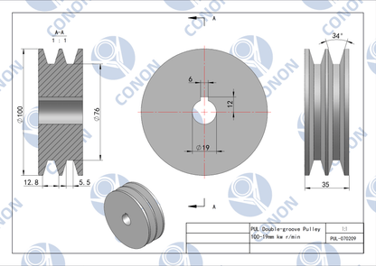 Double groove Pulley 100mm shaft size 19mm for electric motor Cast Iron Made