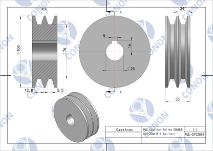 Double groove  Pulley 100mm shaft size 25mm for electric motor Cast Iron Made