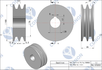 Double groove  Pulley 100mm shaft size 28mm for electric motor Cast Iron Made